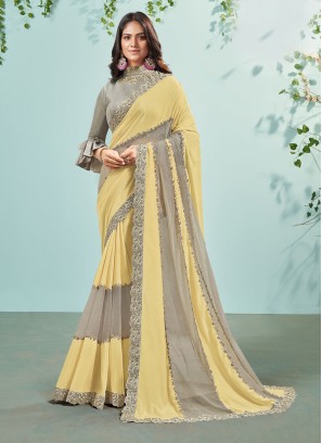 Yellow And Grey Color Satin Silk Designer Saree