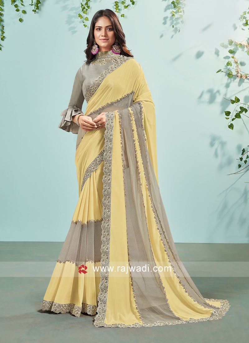 Yellow And Grey Color Satin Silk Designer Saree