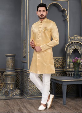 Yellow And White Jacquard Silk Indowestern Set