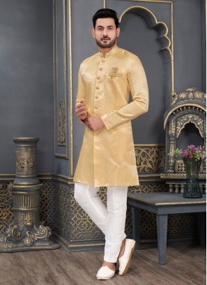 Yellow And White Jacquard Silk Indowestern Set