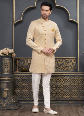 Yellow Jacquard Silk Indowestern Set For Men