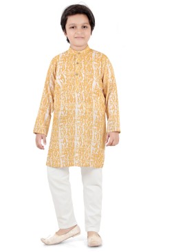 Yellow Readymade Cotton Printed Kurta Pajama