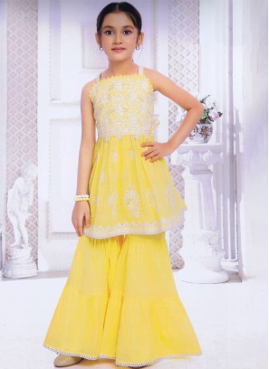 Yellow Thread Embroidered Sharara Style Salwar Suit