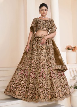 Breathtaking Olive Green Embroidered Net Lehenga Choli