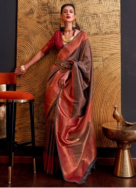 Gorgeous Brown Woven Handloom Silk Wedding Saree