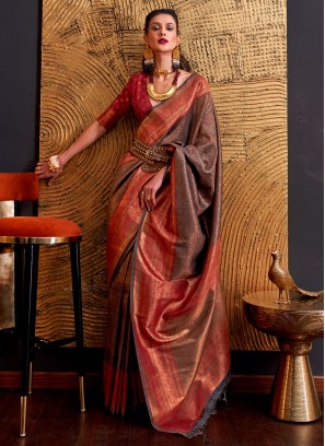 Gorgeous Brown Woven Handloom Silk Wedding Saree