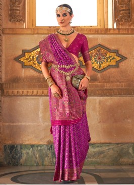 Purple Banarasi Silk Woven Embroidered Wedding Saree