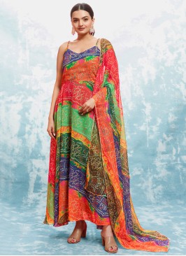 Multi Color Georgette Bandhani Printed Anarkali With Dupatta