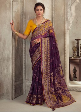 Festive Wear Purple Printed Organza Saree