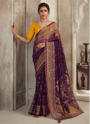 Festive Wear Purple Printed Organza Saree