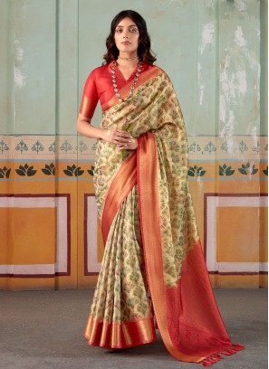 Dark Beige Fancy Printed Festival Tissue Silk Saree