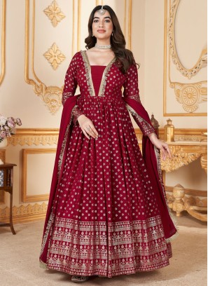 Maroon Georgette Anarkali And Dupatta With Foil Print Work