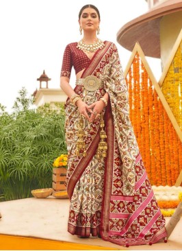 Elegant Beige & Maroon Patola Printed Silk Festive Saree