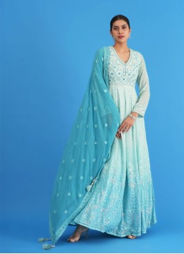 Sky Blue Shaded Embroidered Chiffon Anarkali Set