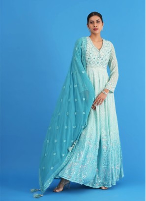 Sky Blue Shaded Embroidered Chiffon Anarkali Set