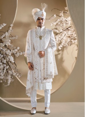 Anarkali Style Groom Embroidered Sherwani In White
