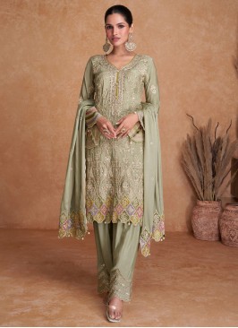 Pista Green Pant Style Chinon Silk Salwar Suit