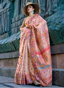 Light Peach Woven Classic Saree In Pashmina Silk