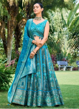 Deep Sky Blue Silk Designer Lehenga Choli With Dupatta