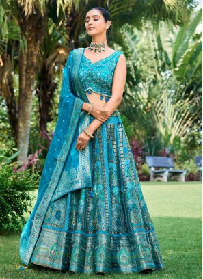 Deep Sky Blue Silk Designer Lehenga Choli With Dupatta