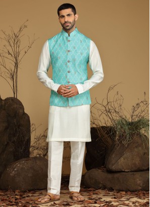 Aqua Blue Designer Nehru Jacket Set For Wedding