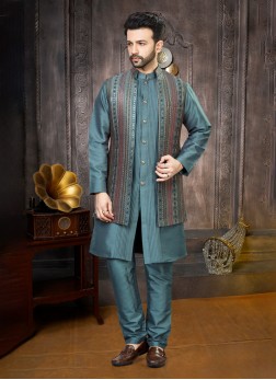 Aqua Blue Nehru Jacket Set With Embroidered Work