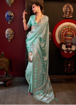 Gorgeous Aqua Blue Woven Satin Silk Saree