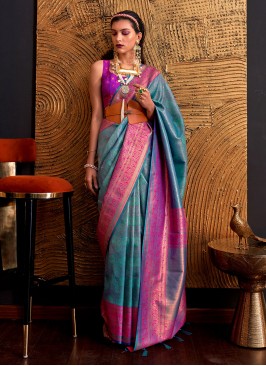 Aqua Blue Weaving Handloom Silk Saree