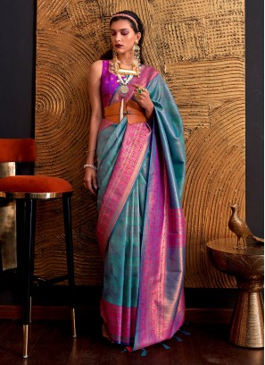 Aqua Blue Weaving Handloom Silk Saree