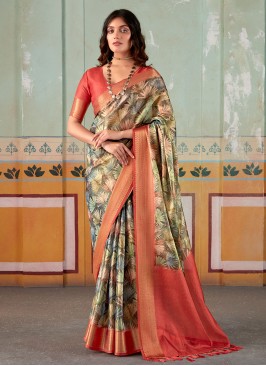 Olive Green Fancy Printed Festive Tissue Silk Saree