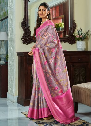 Light Grey Fancy Printed Handloom Silk Contemporary Saree