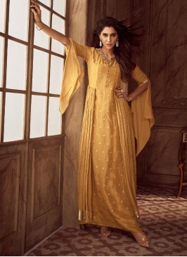 Mustard Yellow Gown In Georgette With Embroidery