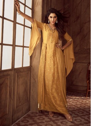 Mustard Yellow Gown In Georgette With Embroidery