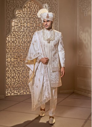 Traditional Golden Sherwani with Straight-cut Pants - Groom Collections -  Collections