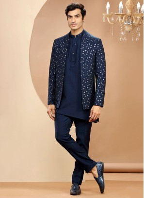 Attractive Navy Blue Embroidered Silk Indowestern Set