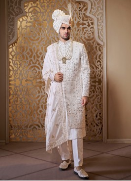 Attractive Off White Groom Embroidered Anarkali Style Sherwani