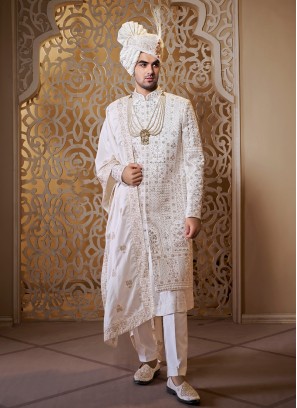 Attractive Off White Groom Embroidered Anarkali Style Sherwani