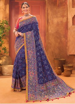 Exquisite Blue Kachhi Embroidered Silk Saree