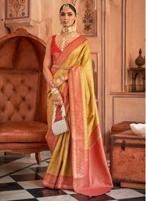 Banarasi Silk Mustard Yellow Weaving Contemporary Saree