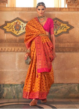 Gorgeous Orange & Pink Banarasi Silk Classic Saree