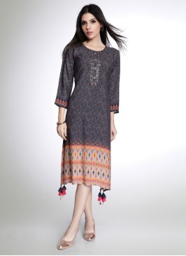 Bandhani Printed Cotton Silk Dark Navy Blue Kurti