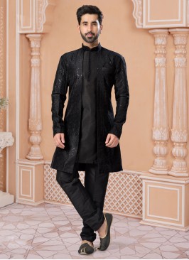 Banglori Silk Black Indowestern Set For Men