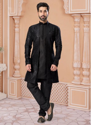 Banglori Silk Black Indowestern Set For Men