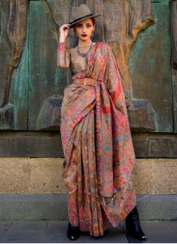Brown Pashmina Silk Woven Embroidered Saree