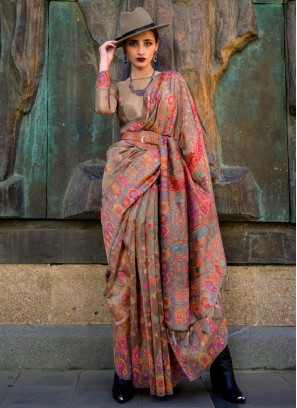 Brown Pashmina Silk Woven Embroidered Saree