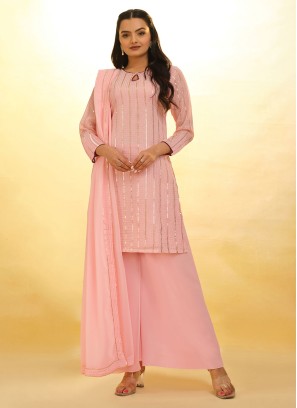 Festive Wear Sequins Embroidered Baby Pink Palazzo Suit