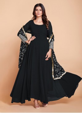 Black Georgette Anarkali Dress With Embroidered Dupatta