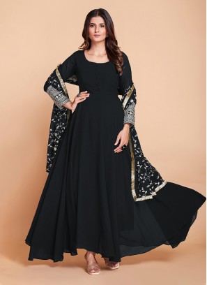 Black Georgette Anarkali Dress With Embroidered Dupatta