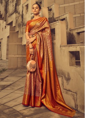 Beige And Orange Weaving Silk Classic Saree