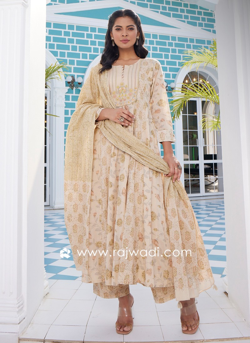 Image Vicente Rama image beautiful image beautiful image beautiful image beautiful - Beige Color Floral Printed Anarkali Suit For Women